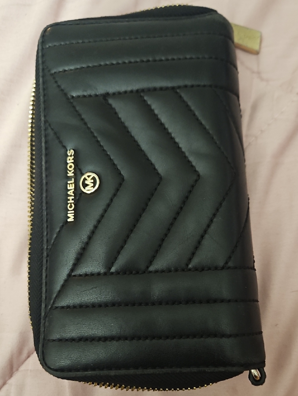Michael Kors Black Quilted Chevron Zip Wallet with Gold Hardware